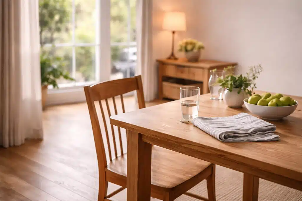 A sunlit dining room with a wooden table and chair, a glass of water, folded napkins, and a bowl of green apples. In the background, a side table with a lamp and plants near large windows.