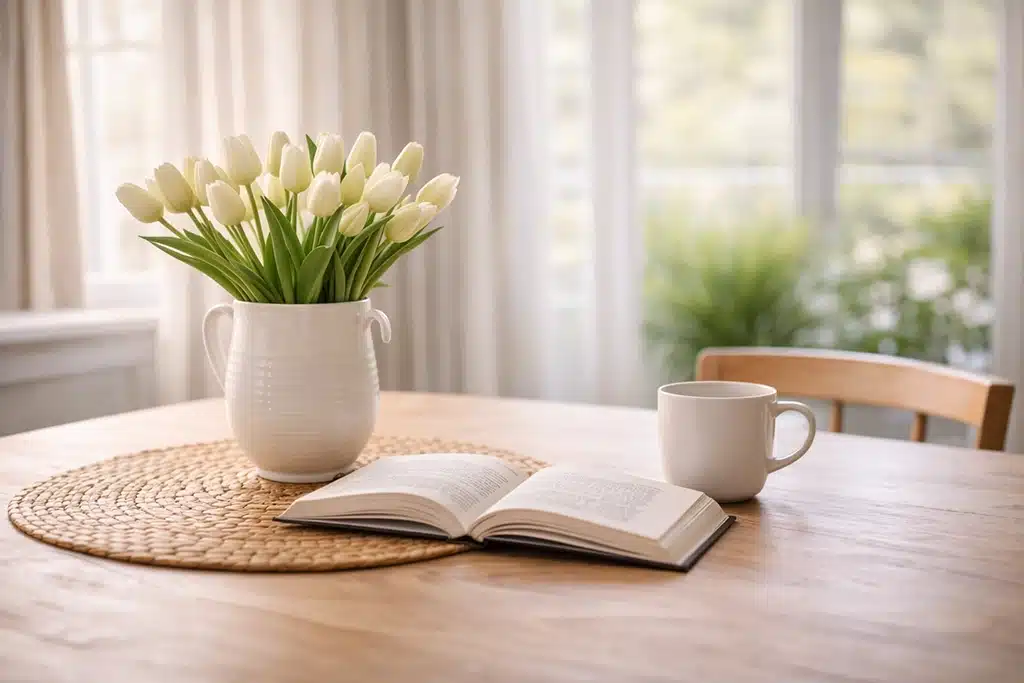 A white vase of tulips, an open book, and a white mug sit on a wooden table with a woven placemat—creating the perfect cozy scene for homeowners to enjoy their bright room with large windows and sheer curtains.