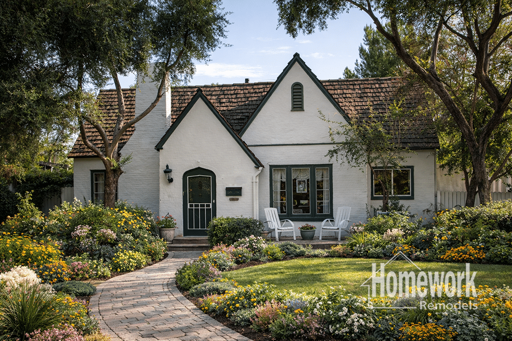 A charming white cottage with dark trim, nestled in the Roosevelt Historic District, is surrounded by lush gardens. A stone path leads to a porch with white chairs. The Homework Remodels logo appears in the lower right corner.