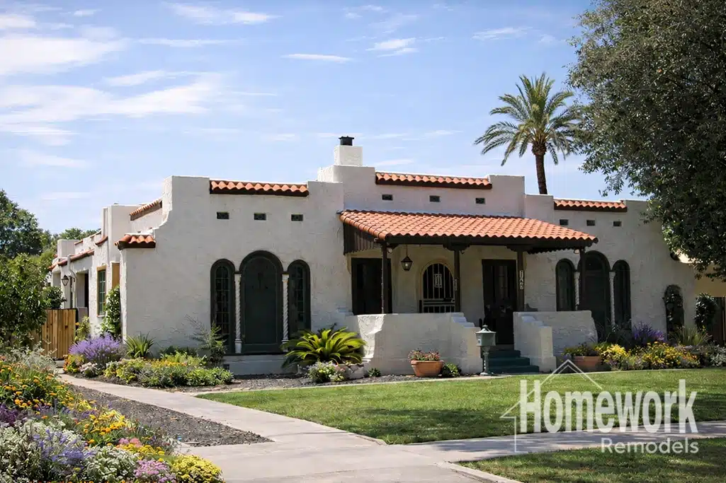 A single-story stucco house with a red tile roof, arched windows, and a covered front porch sits amid green lawn, colorful flowers, and palm trees under a blue sky. Ideal for Urban Additions in the Roosevelt Historic District. Homework Remodels logo is in the corner.