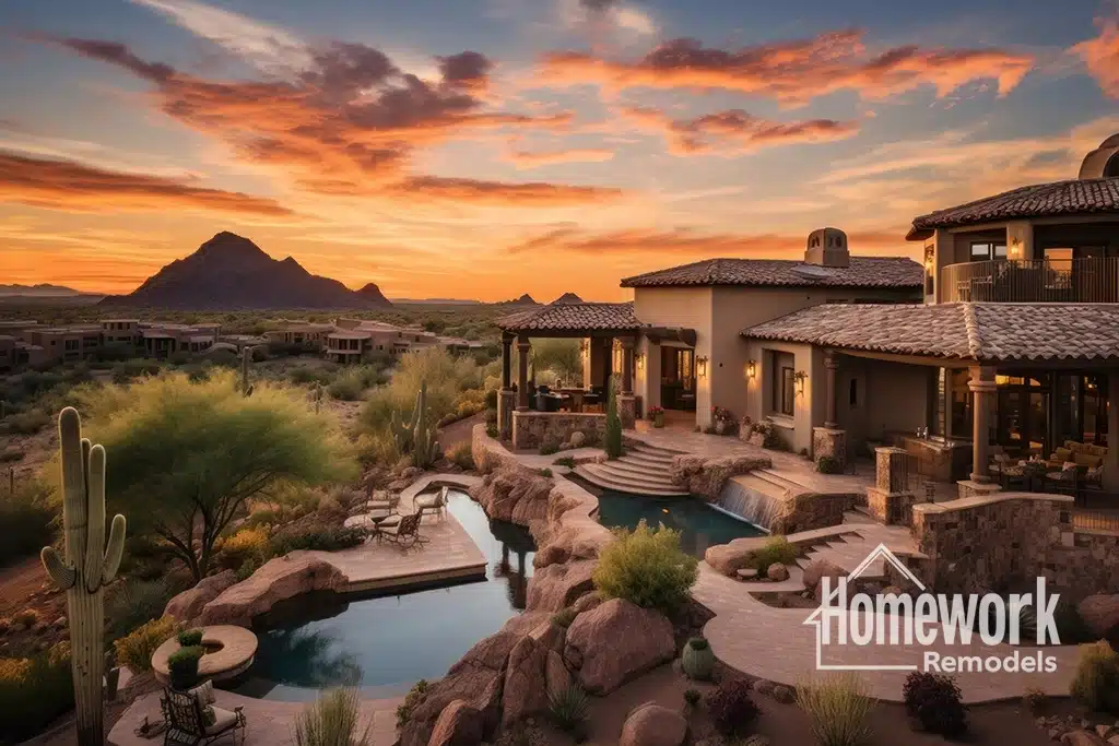 A luxury desert Scottsdale home with a pool and stone patio at sunset, surrounded by cacti and mountains. Showcasing the artistry of home renovation, dramatic clouds fill the colorful sky. “Homework Remodels” logo appears in the bottom right corner.