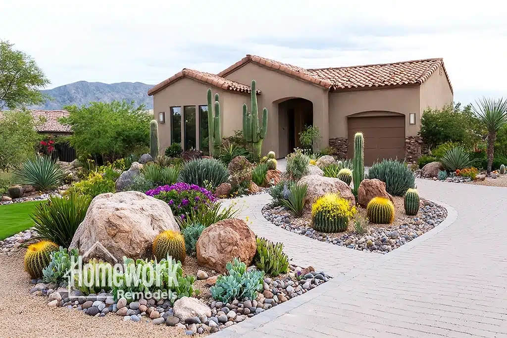 A modern stucco Scottsdale home with a terracotta tile roof features a desert landscape garden with cacti, succulents, rocks, and gravel along a curved driveway—showcasing remodeling excellence. Homework Remodels logo appears in the lower left corner.