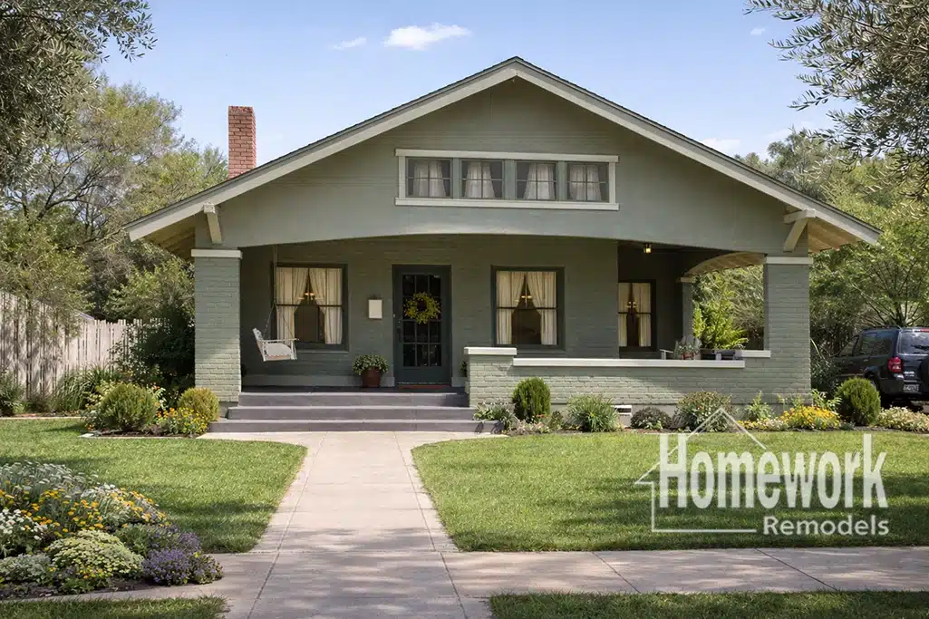 A green Craftsman-style Willo house with a covered front porch, neatly manicured lawn, and flower beds. A porch swing and curtains are visible. “Homework Remodels” logo is in the lower right corner.