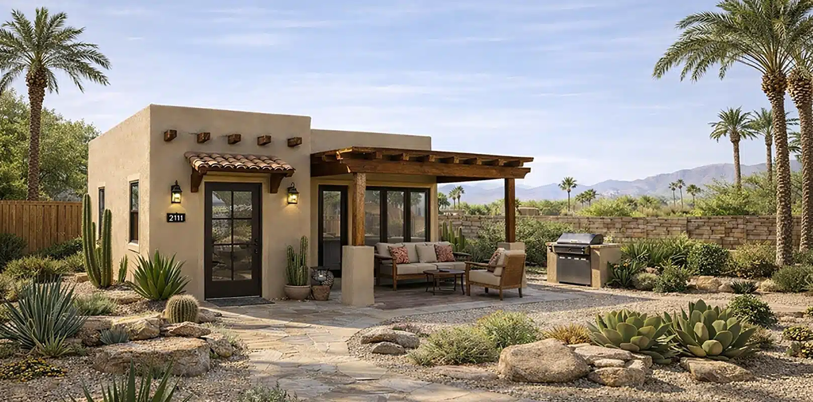 A small, modern adobe-style house in Scottsdale, AZ, features a covered patio, outdoor seating area, and grill, surrounded by desert landscaping with cacti, palm trees, and distant mountains under a clear sky.