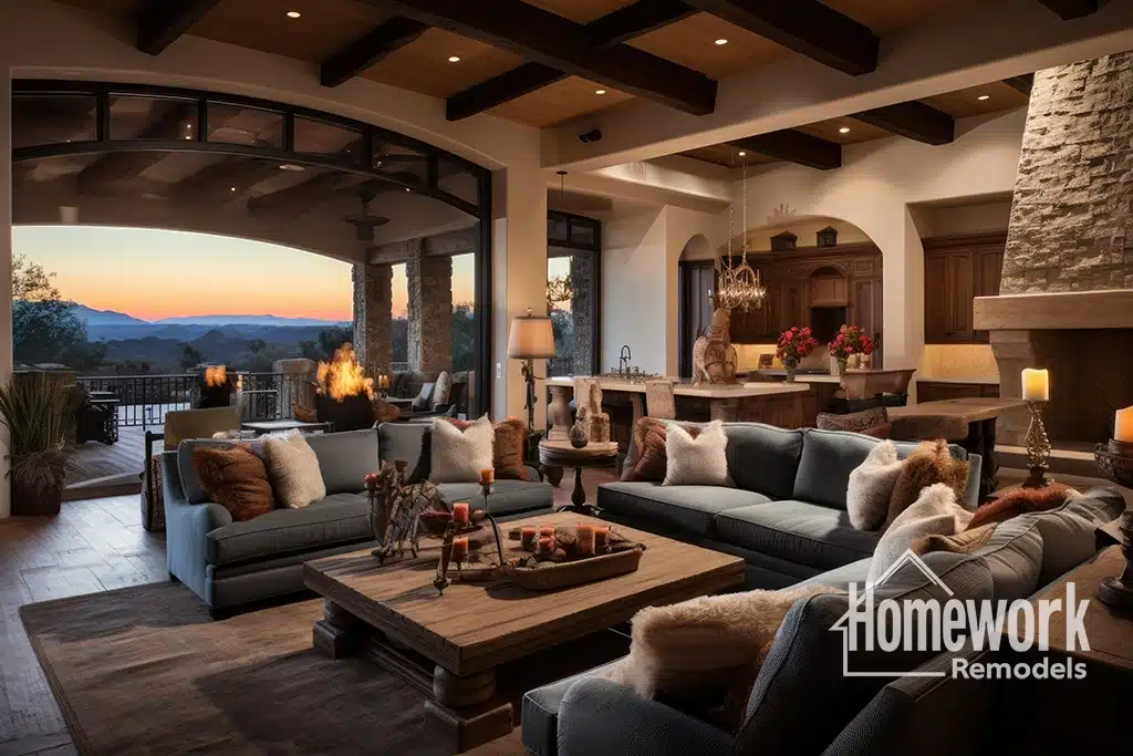 Spacious living room with cozy sofas, wooden beams, and a large coffee table opens to a patio with a mountain sunset view. Elegant kitchen in the background highlights this Scottsdale remodel. Homework Remodels logo in the corner.