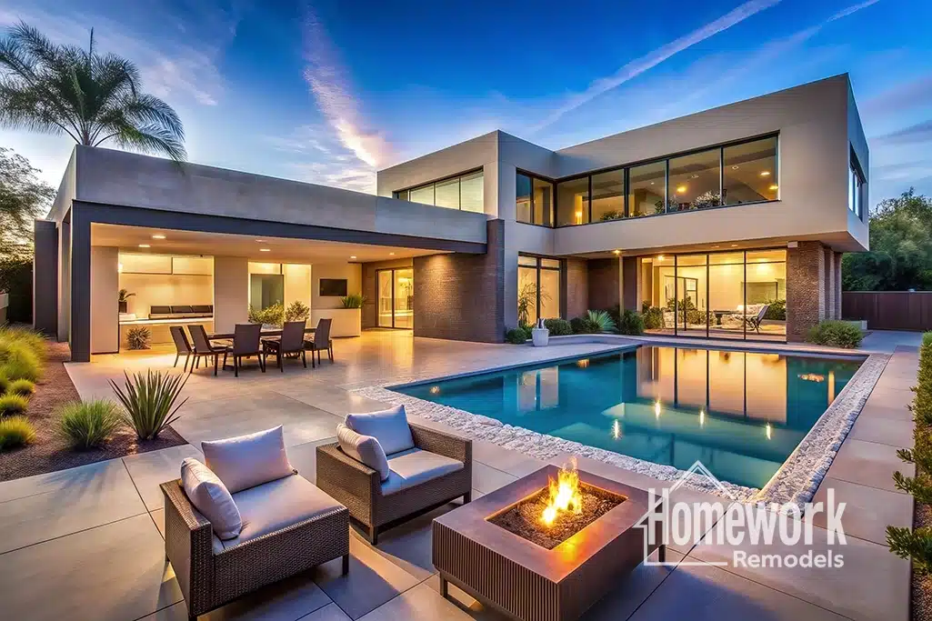 Tempe Homes: Modern two-story home with large windows, outdoor patio seating, a swimming pool, fire pit, and landscaped greenery at sunset. Homework Remodels logo is visible in the lower right corner.