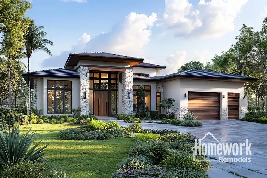 Tempe: Modern single-story house with large windows, stone accents, a wooden double front door, and a three-car garage. Lush landscaping and a manicured lawn surround the home. Homework Remodels logo appears in the corner.