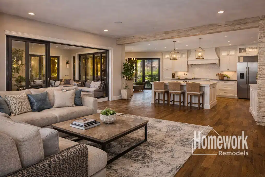 Arcadia Homes: Open-concept living room and kitchen with modern decor, neutral tones, large windows, a cozy sofa, a patterned rug, a stone accent wall, and pendant lights above a white kitchen island. Homework Remodels logo in the corner.