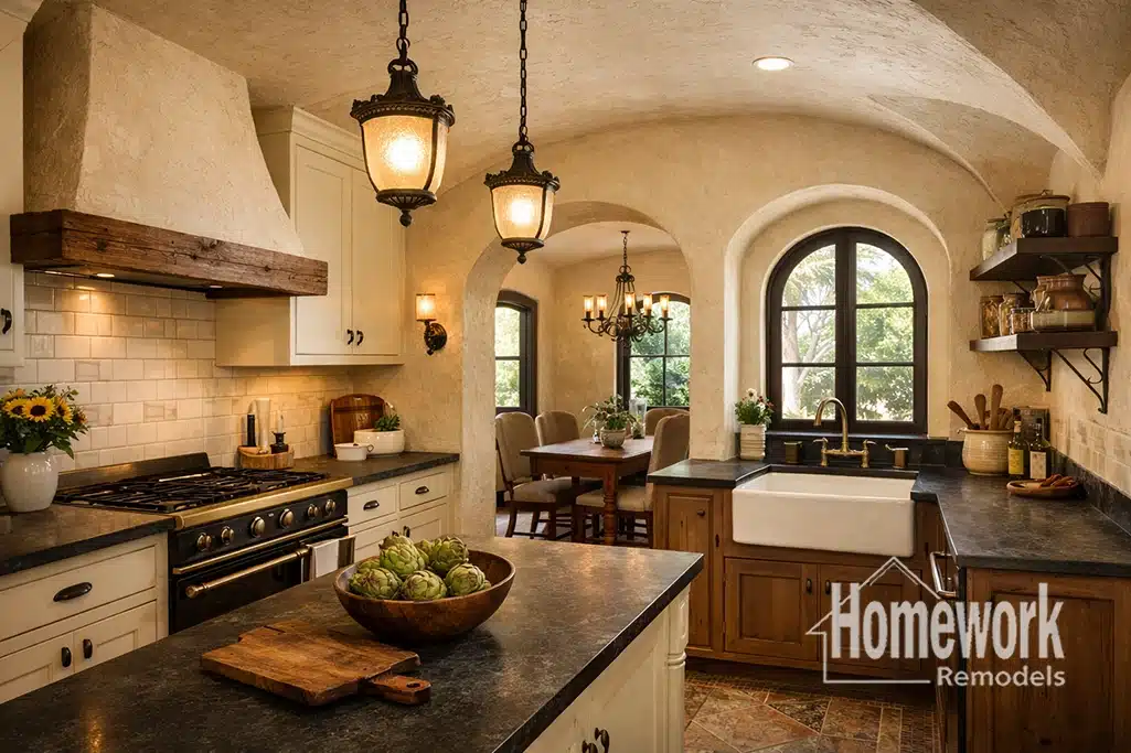 A warm, rustic kitchen by Encanto Kitchens features arched ceilings, hanging lights, a farmhouse sink, wooden cabinets, and a dining area by large arched windows—perfect for those seeking kitchens without pantries. Homework Remodels logo in the corner.