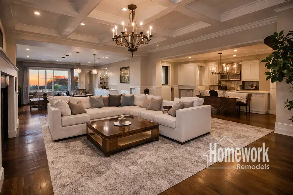 Spacious living room with a large beige sectional sofa, wooden coffee table, chandelier, and rug. The open-plan layout is perfect for adding a room to gain space in beautiful Encanto Palmcroft Homes. Homework Remodels logo in the corner.