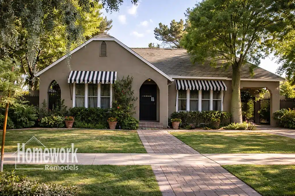 F.Q. Story Homes: A charming single-story house with beige stucco exterior, striped awnings over windows, a black front door, and a landscaped yard with trees and shrubs. The image includes a Homework Remodels logo in the corner.