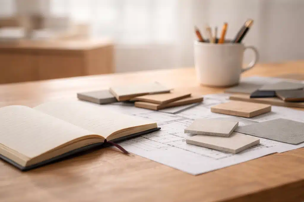 An open notebook, architectural plans, and various tile samples are spread out on a wooden desk, with a white mug holding pencils and brushes in the background.