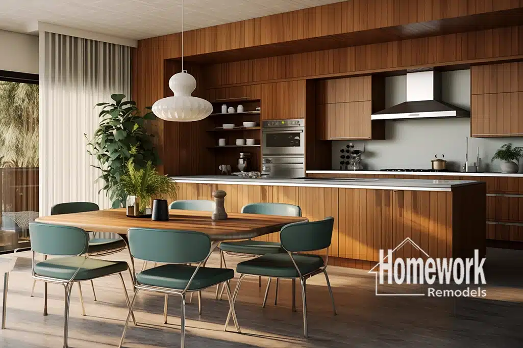Mid-Century Modern Homes: Modern kitchen with wood cabinetry, a center island, stainless steel appliances, green chairs around an open concept dining table, large plant, and sunlight streaming through window. Homework Remodels logo in the corner.
