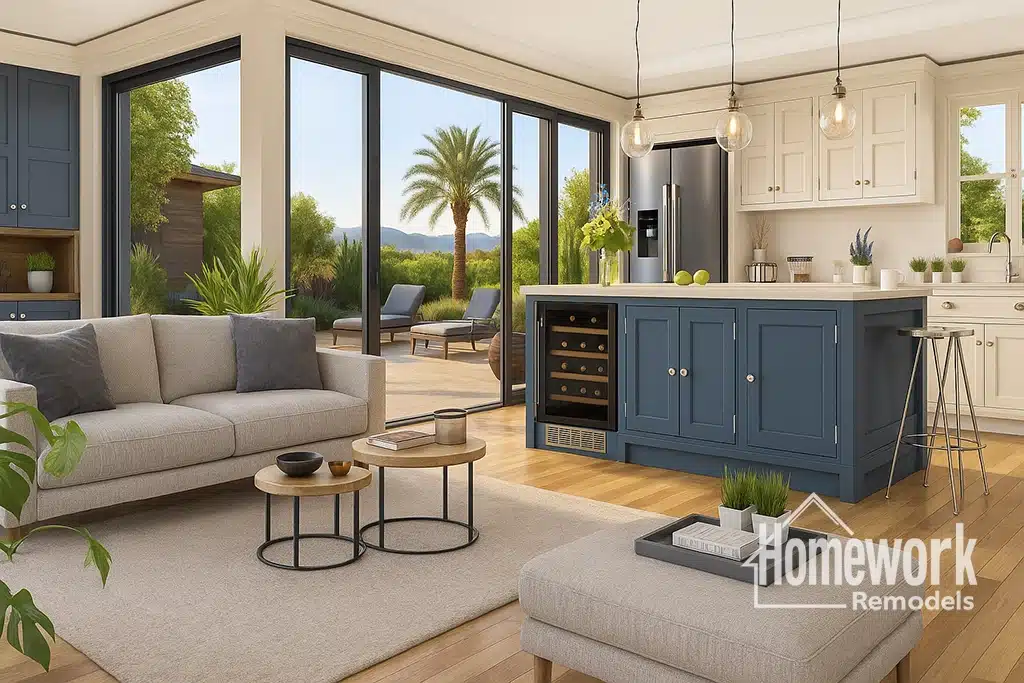A modern open-concept Scottsdale living room and kitchen with blue and white cabinets, light furniture, large windows, and a view of a sunny patio with palm trees. The logo Homework Remodels is in the bottom right corner.