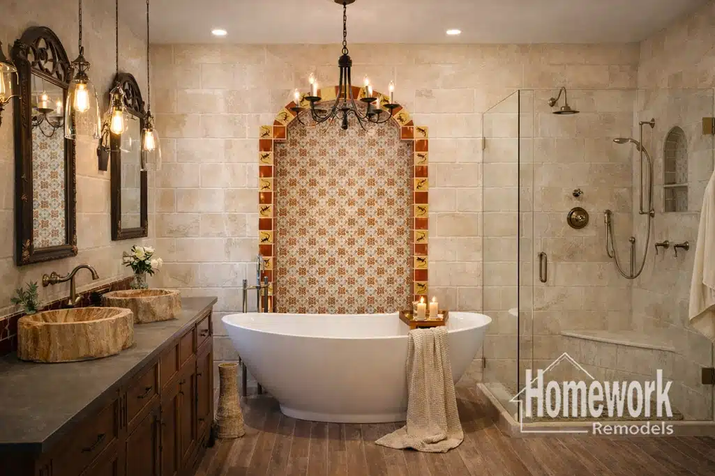 Willo Homes: Elegant bathroom with a freestanding tub, tile accent wall, dual sinks with stone basins, wooden vanity, glass shower, warm lighting, and Homework Remodels logo in the bottom right corner.