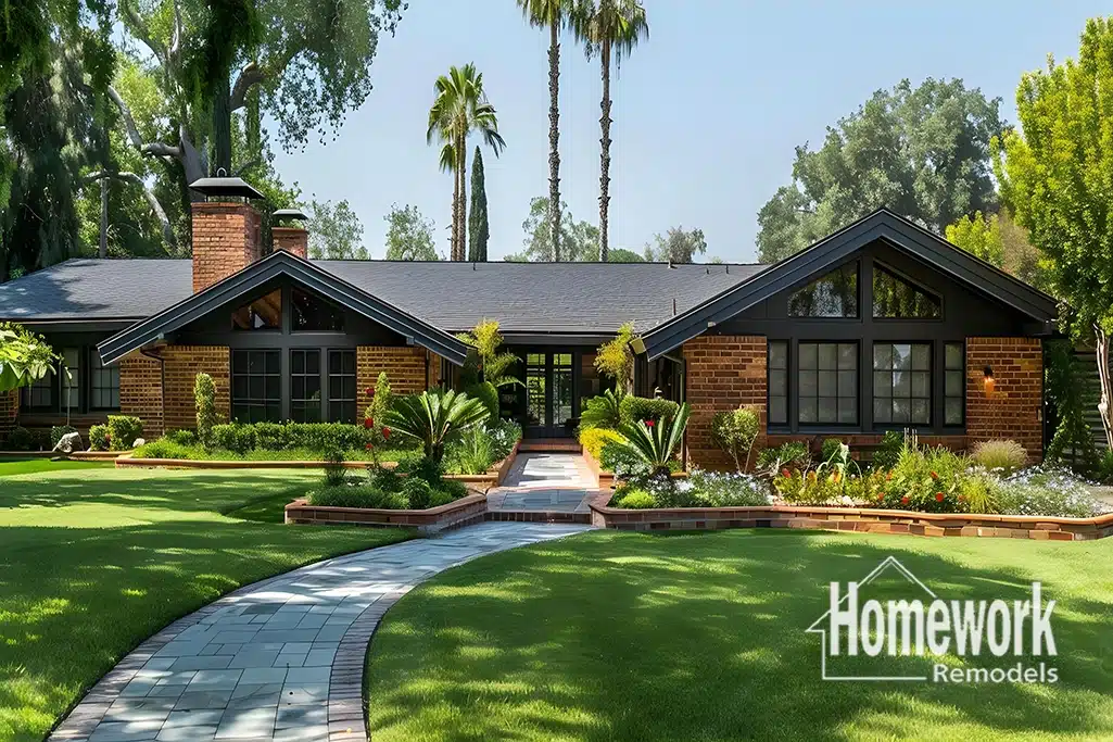 Whole-Home Remodeling in Arcadia: A single-story brick house with black trim, large windows, manicured lawn, lush landscaping, and palm trees. A curved stone walkway leads to the entrance. Homework Remodels logo appears in the bottom right corner.