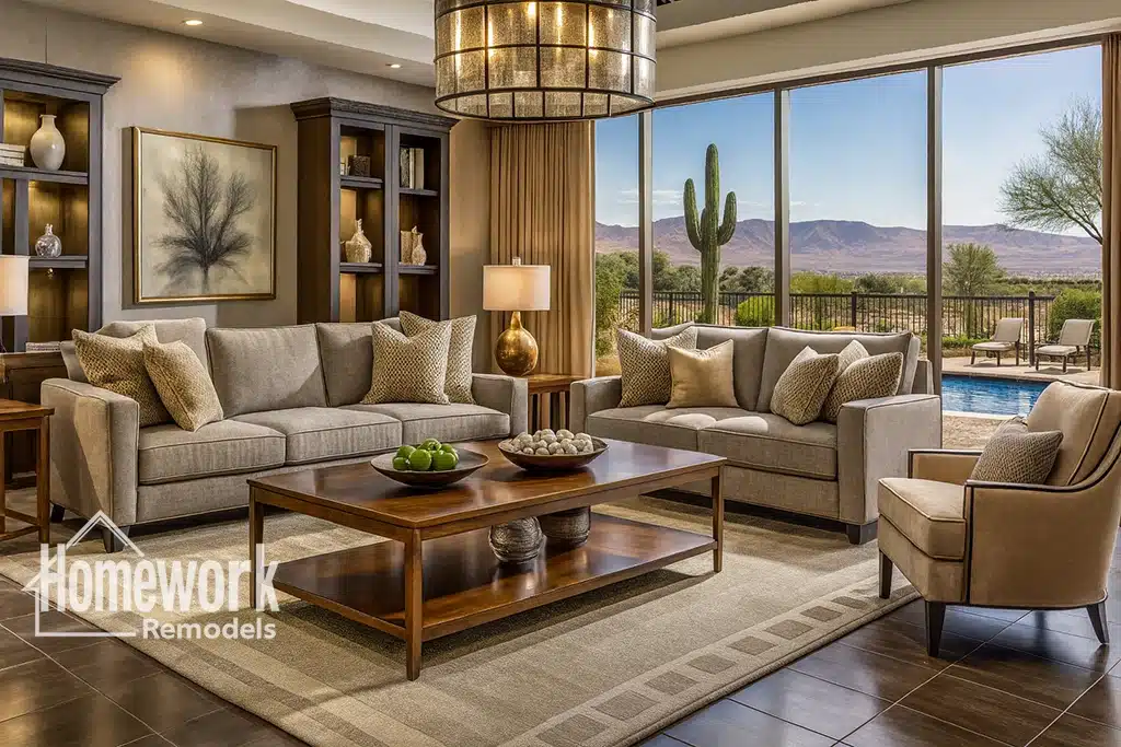 Scottsdale Homes: A modern living room with beige sofas, wooden furniture, and large windows revealing a pool, desert landscape, and mountains. Blending 2026 interiors trends and stylish color palettes, the scene features decorative pillows, a chandelier, and the Homework Remodels logo.