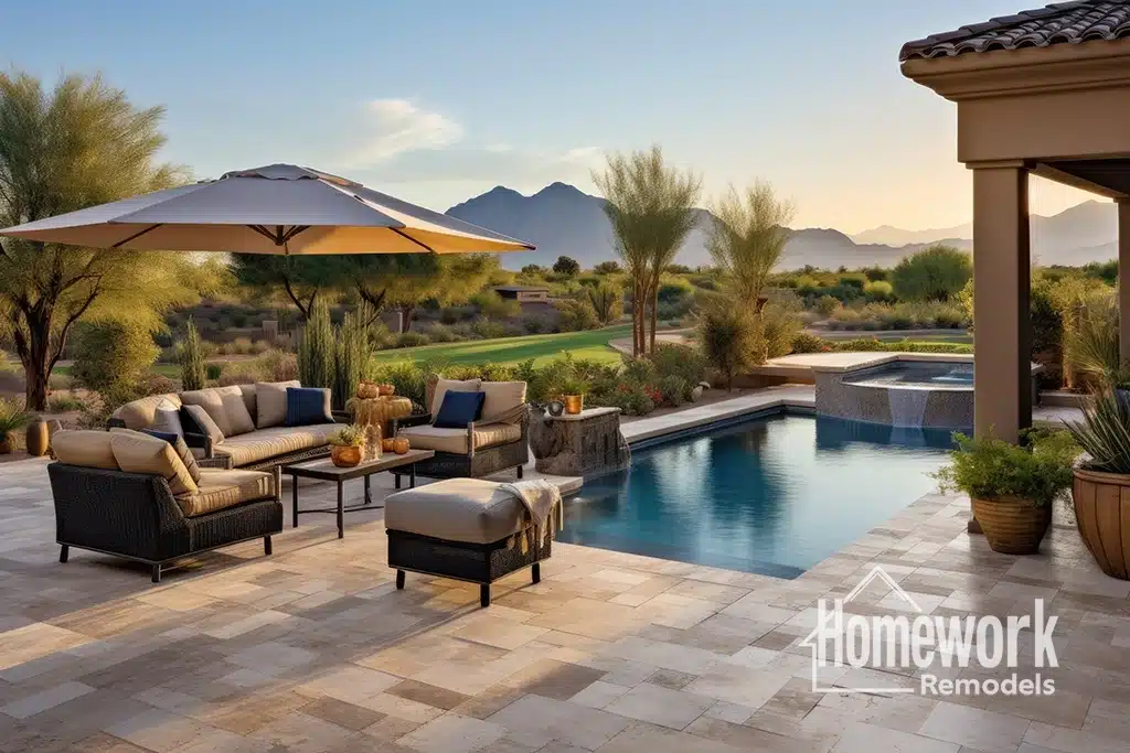 Scottsdale Outdoor Remodeling: A luxurious backyard patio showcases outdoor living at its finest with stylish furniture, a large umbrella, a pool, and spa overlooking desert landscaping and distant mountains at sunset—an inspiring 2026 design trend. Homework Remodels logo appears in the lower right corner.