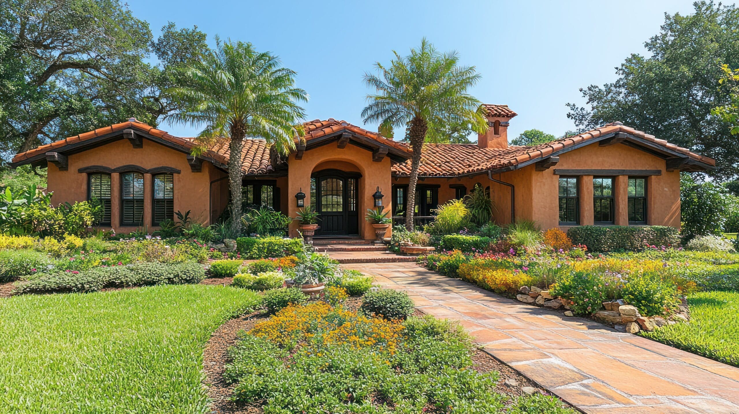 A Mediterranean-style house in Tempe with terracotta roof tiles, arched entryway, and stucco walls blends Spanish Revival charm with modern design, surrounded by lush landscaping, palm trees, and colorful flower beds under a clear blue sky.