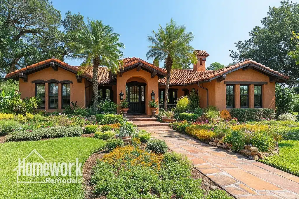 A Mediterranean-style house with a red tile roof, arched windows, and lush landscaping. Palm trees and colorful plants line a stone pathway, offering Tempe homeowners inspiration for historic preservation. Homework Remodels logo in lower left corner.