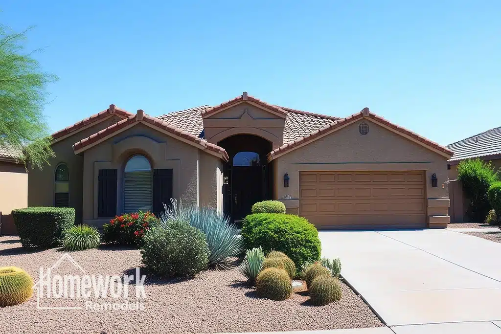 Tempe Homes: Single-story, stucco house with a tiled roof, arched entryway, and a two-car garage. The front yard features desert landscaping with rocks, cacti, and shrubs. Homework Remodel logo is in the lower left corner.