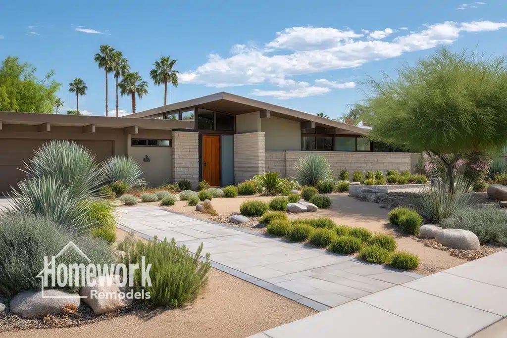 Tempe Homes: A modern, single-story house with a flat roof and large wooden door, surrounded by a desert landscape featuring rocks, cacti, and low shrubs. A stone path leads to the entrance. Homework Remodels logo is visible in the corner.