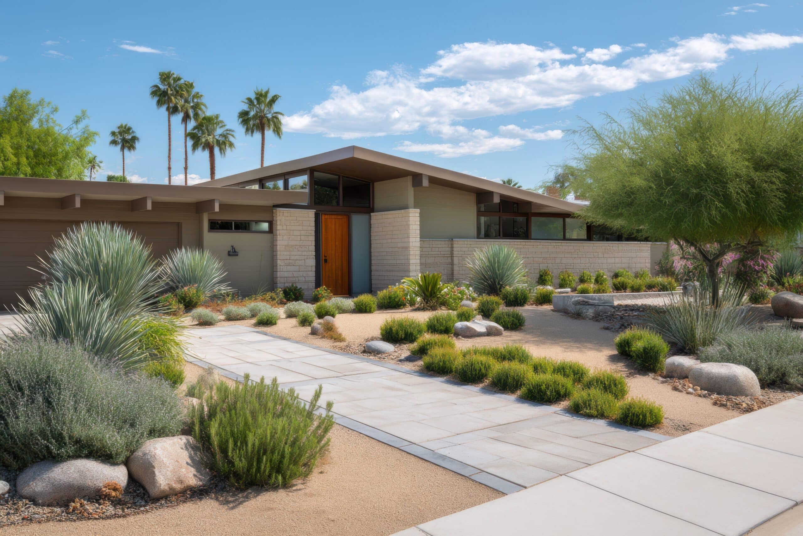 Tempe Homes: A modern mid-century house with large windows, a wooden front door, and a desert landscape yard featuring cacti and rocks—showcasing classic Mid-Century Homes style—sits under a blue sky with scattered clouds.