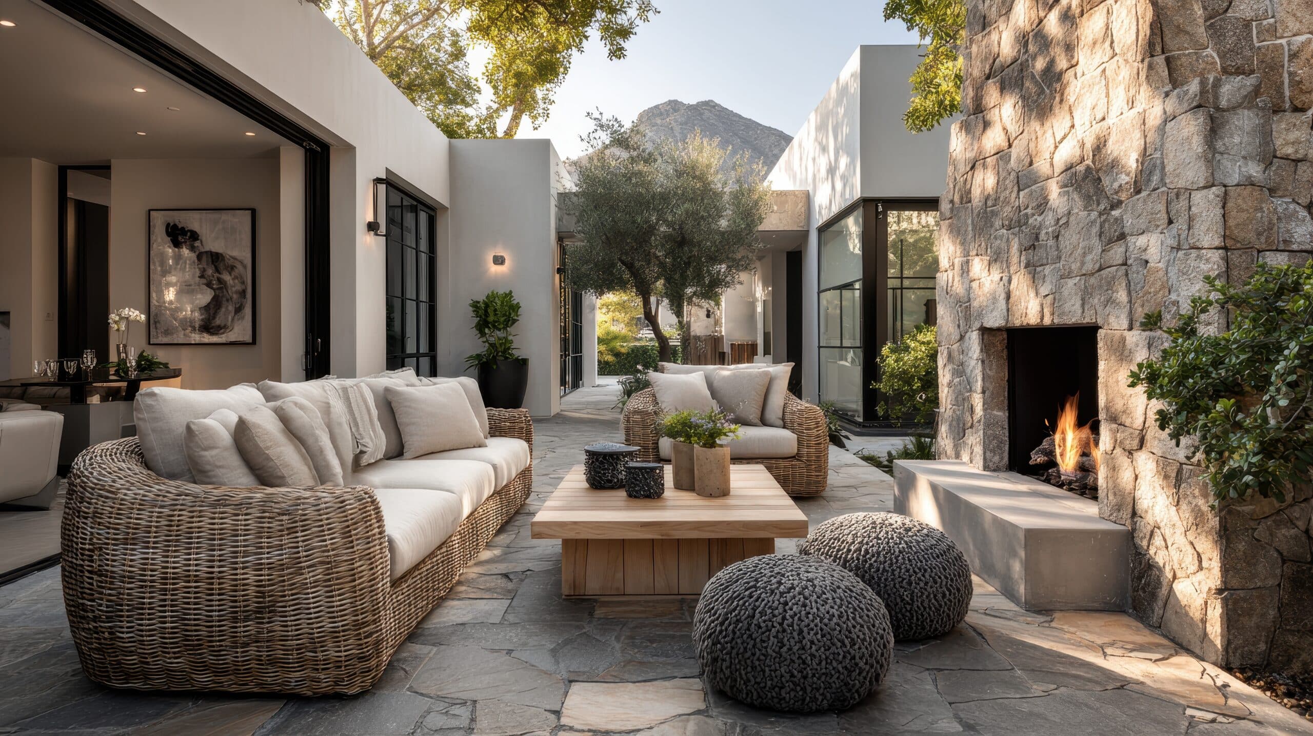 Tempe Homes: Modern outdoor patio with wicker sofas, a wooden coffee table, round poufs, and a stone fireplace. Surrounded by greenery and mountains, its large glass doors boost curb appeal while seamlessly connecting to the indoor living area.
