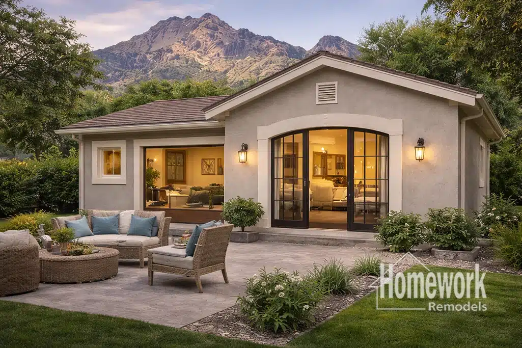 A cozy Arcadia backyard patio with outdoor seating and a sofa, facing a single-story house with large glass doors—perfect for relaxing or enjoying ADUs. Lush greenery and mountains are in the background. Homework Remodels logo appears in the corner.