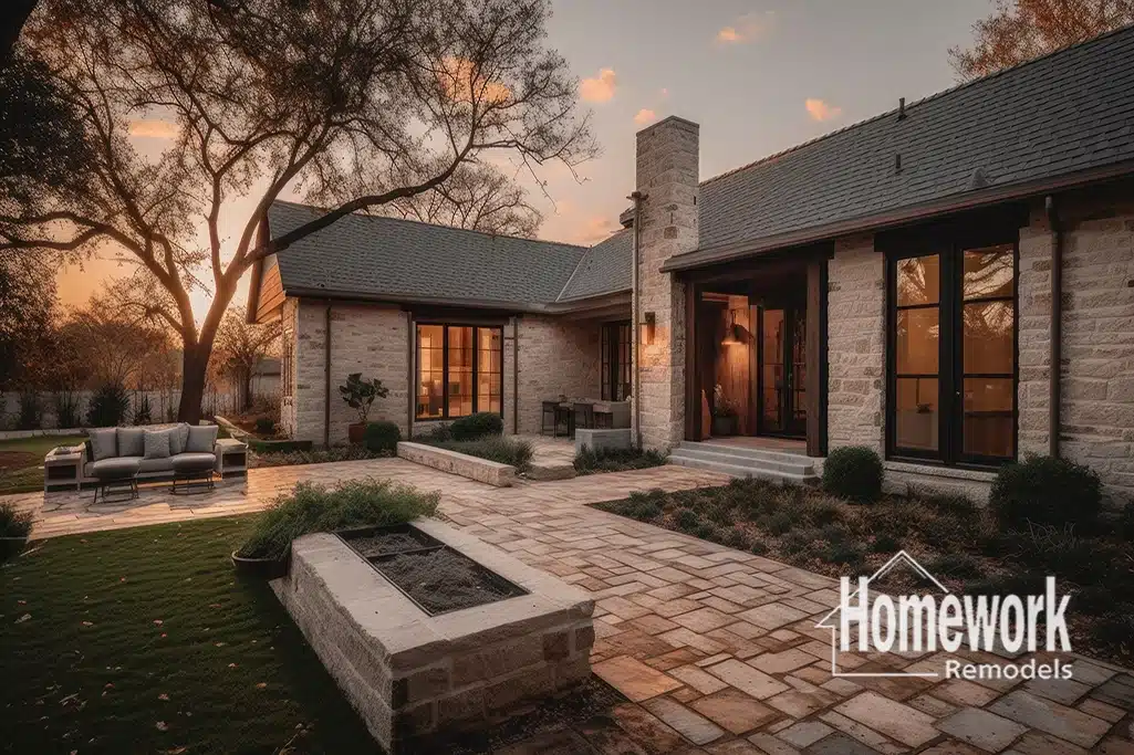 Arcadia Lite home additions: Modern stone house at sunset with large windows, outdoor seating, and landscaped patio. The Homework Remodels logo is in the bottom right corner. Warm lighting creates a welcoming atmosphere.