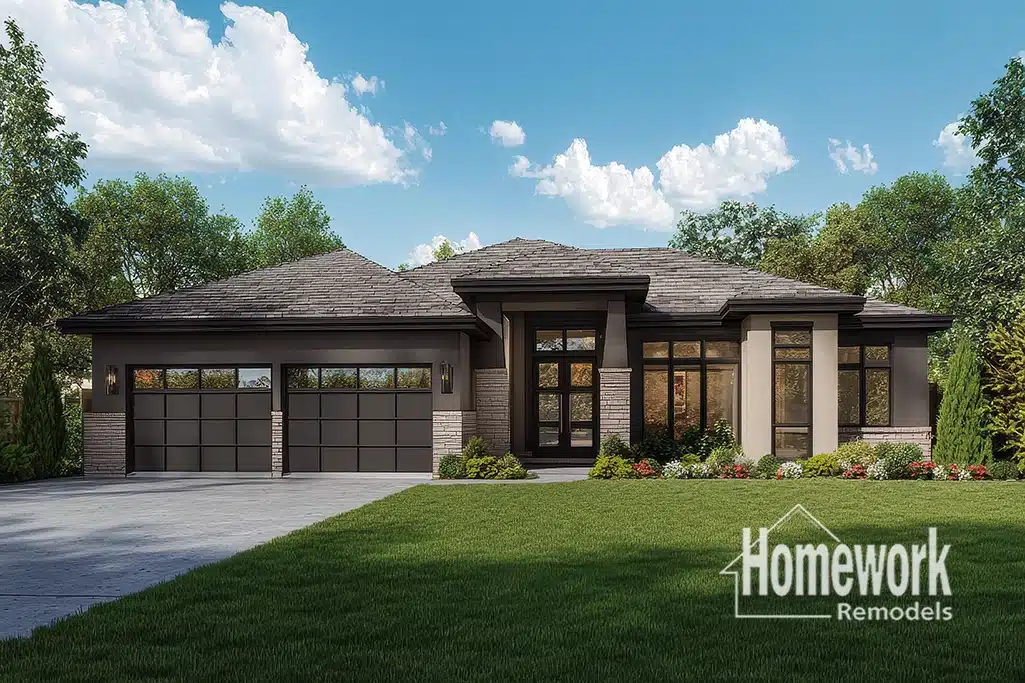 Modern Arcadia single-story house with large windows, a three-car garage, landscaped yard, and a mix of stone and stucco exterior; inspired by ranch homes. Homework Remodels logo in the lower right corner.
