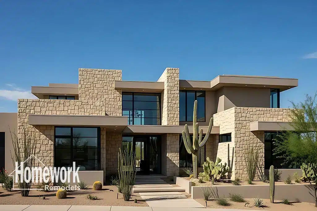 A modern Cave Creek home with stone and stucco exterior, large windows, and desert landscaping featuring cacti and rocks under a clear blue sky—perfect for desert living. Homework Remodels logo appears in the bottom left corner.