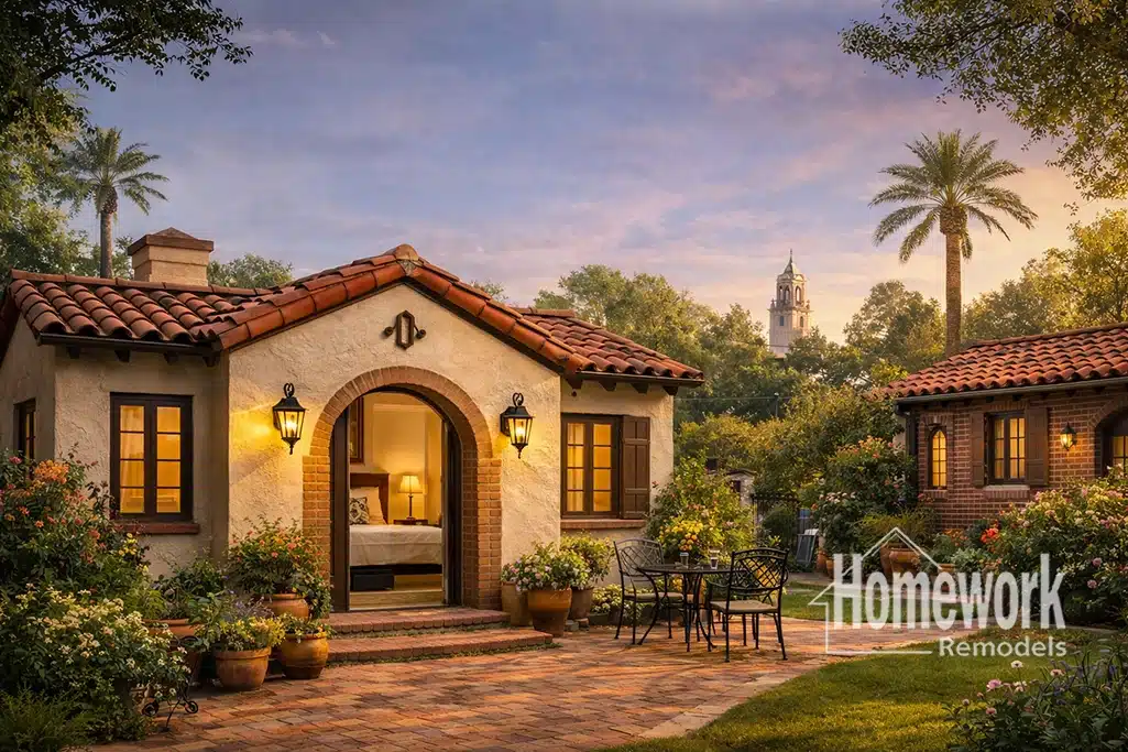 A charming Spanish-style home in Encanto-Palmcroft with a red tile roof, arched doorway, and glowing windows exudes historic charm, surrounded by lush gardens and palm trees at sunset. Patio furniture sits on a brick path. Homework Remodels logo in the corner.