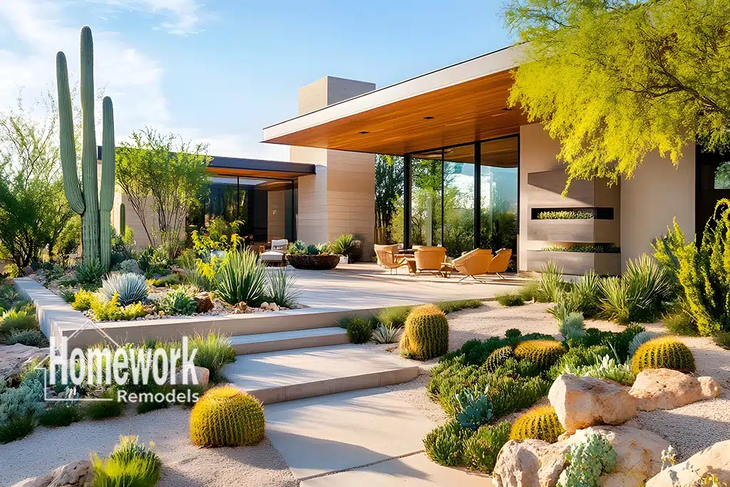 A modern home with large glass windows and wooden accents sits amid a desert landscape, reflecting the timeless style of mid-century modern homes. The “Homework Remodels” logo appears in the lower left corner.
