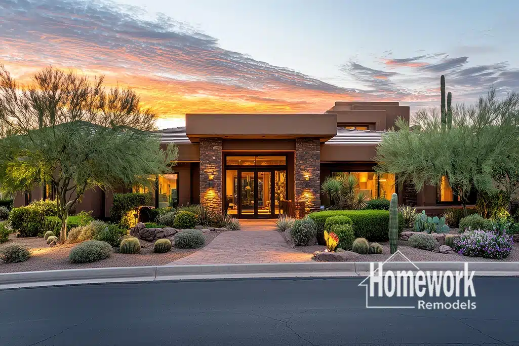 Modern southwestern-style home with large windows, stone accents, desert landscaping, and a vibrant sunset sky—showcasing the best in Scottsdale remodel. “Homework Remodels” logo appears in the bottom right corner.