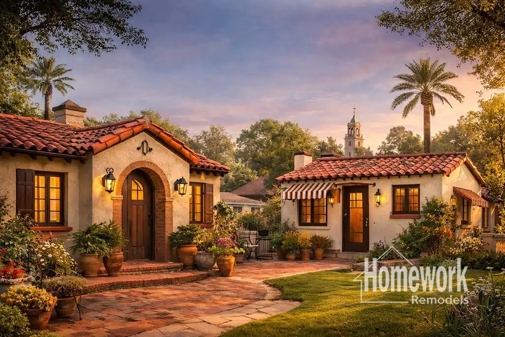 A charming Spanish-style house with red tile roofs, lantern lights, and lush landscaping at sunset showcases historic architecture in the Willo Historic District. The “Homework Remodels” logo is in the lower right corner.
