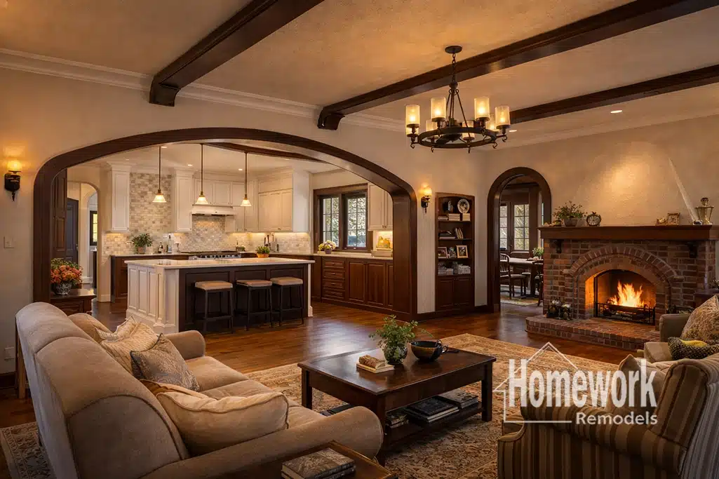 Willo Historic District: A cozy living room with a lit fireplace, wooden beams, and archways exudes historic character and opens to a bright kitchen with white cabinets, pendant lights, and a large island. “Homework Remodels” logo is visible in the lower right corner.