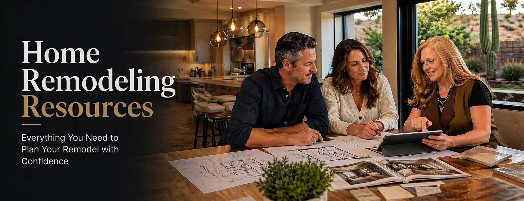 Three people sit at a table reviewing house plans and a tablet in a modern kitchen, with text reading “Home Remodeling Resources. Everything You Need to Plan Your Remodel with Confidence.”.
