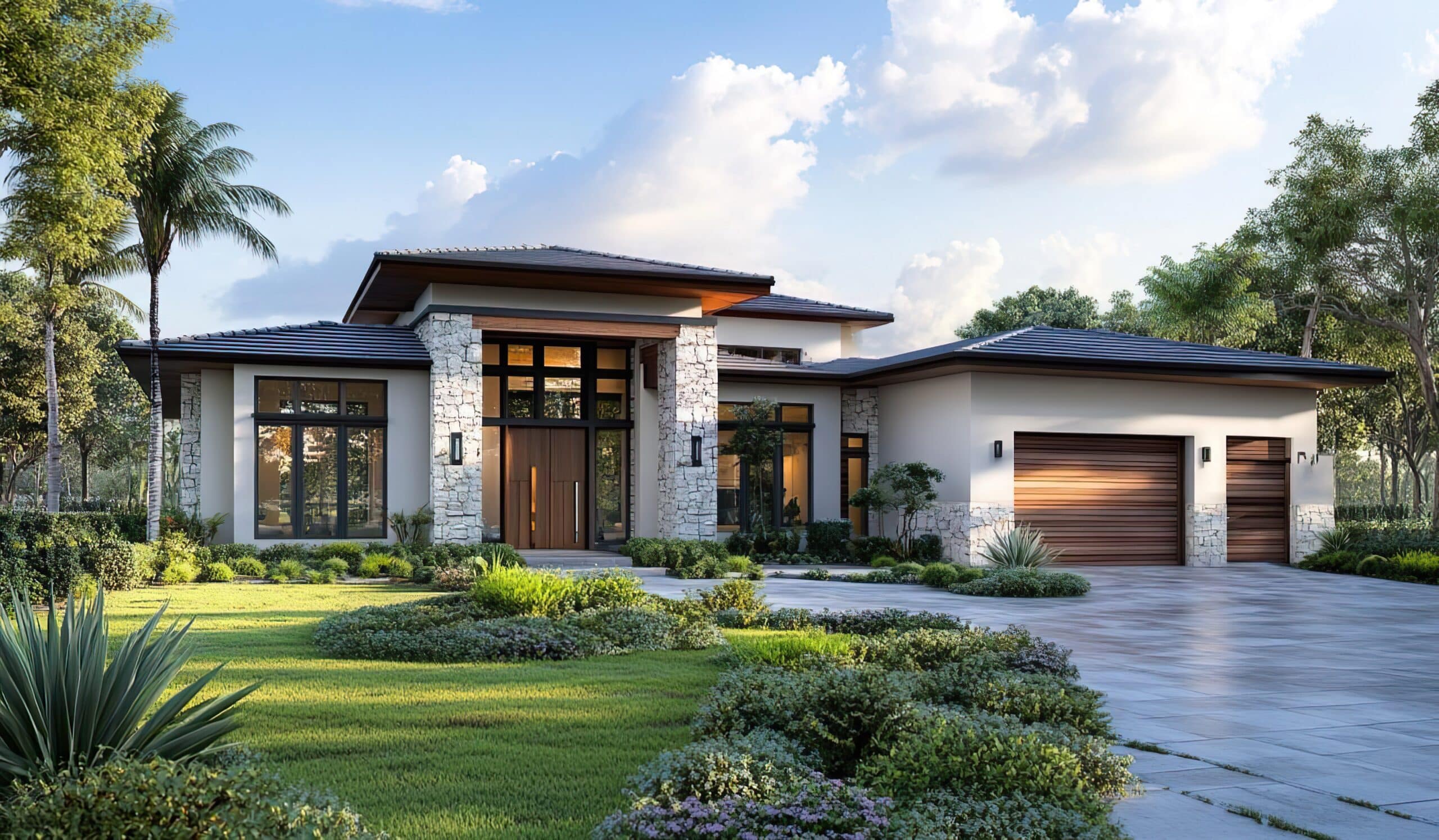 Modern single-story house in Tempe with large windows, stone accents, and a double garage, reflecting the neighborhood character. Surrounded by neatly landscaped lawns, plants, and trees under a partly cloudy sky.