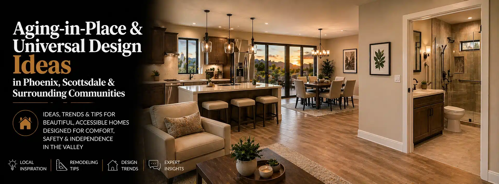 A stylish, accessible open-concept kitchen and living area with modern lighting, large island, and easy bathroom access—perfect for aging-in-place and universal design. Discover open concept remodeling ideas for comfort and safety in every detail.