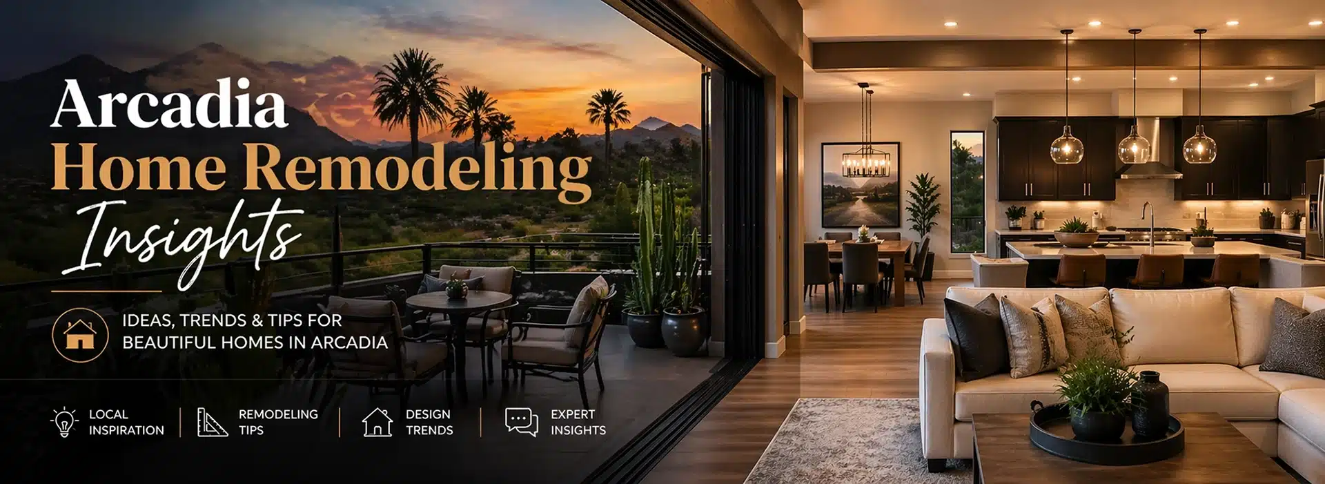 Modern open-concept living room and kitchen overlook a scenic sunset with mountains and palm trees, promoting Arcadia Home Remodeling Insights for ideas, tips, and expert advice on beautiful home renovations.