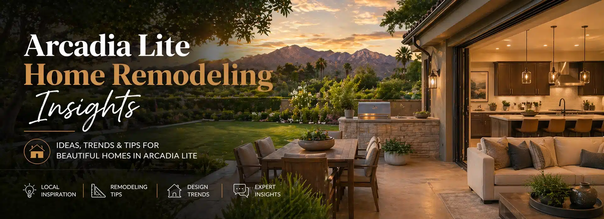 Outdoor patio with furniture leads to a modern, open kitchen; lush garden and mountains visible at sunset. Text reads: “Arcadia Lite Home Remodeling Insights—Ideas, Trends & Tips for Beautiful Homes in Arcadia Lite.”.