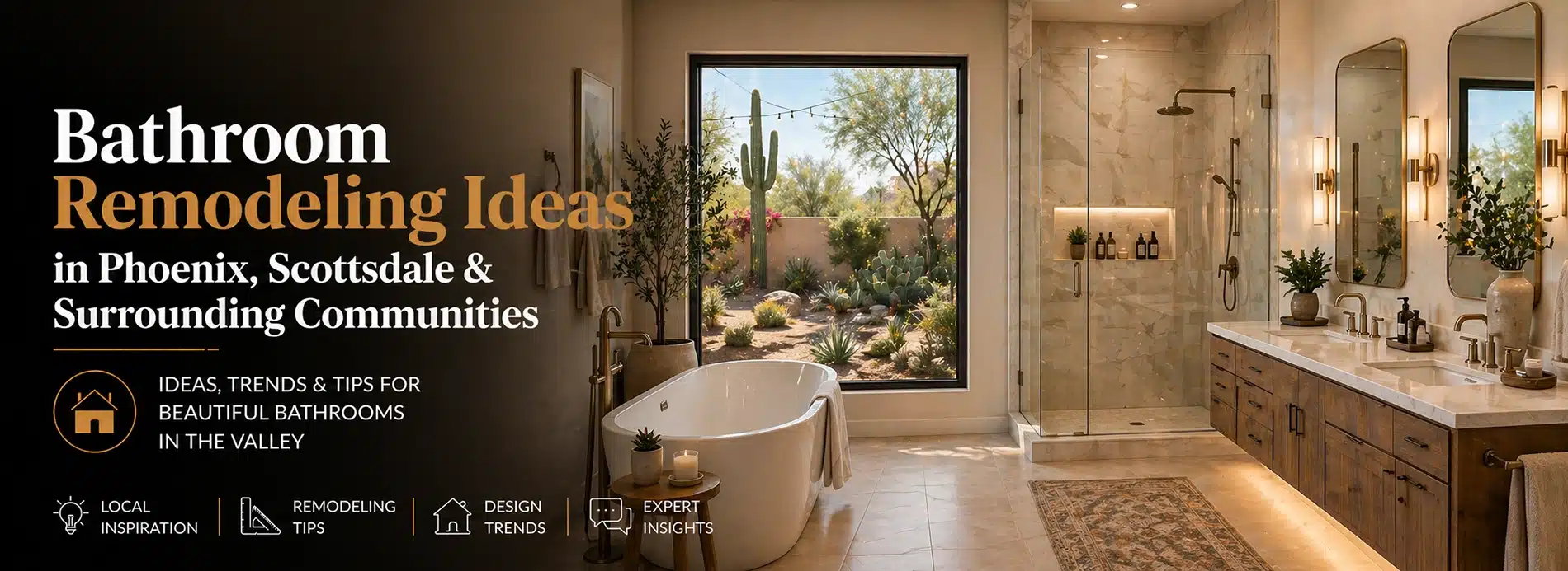 Luxurious open concept bathroom with freestanding tub, walk-in shower, wood vanity, and modern decor. Large window reveals desert views. Discover inspiring remodeling ideas for your next home renovation in Phoenix and Scottsdale.