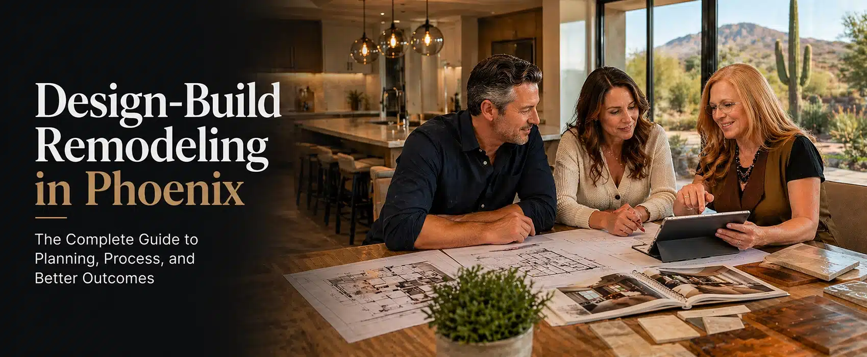 Three people sit at a table reviewing building plans and a tablet in a modern home with desert views. Text reads: Phoenix Design-Build Remodeling—The Complete Guide to Planning, Process, and Better Outcomes.