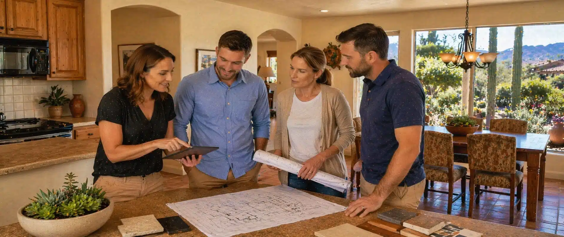 Four people stand around a kitchen island, looking at plans and samples. One woman points at a tablet, while another holds blueprints. The group appears to be discussing a home renovation or design project.