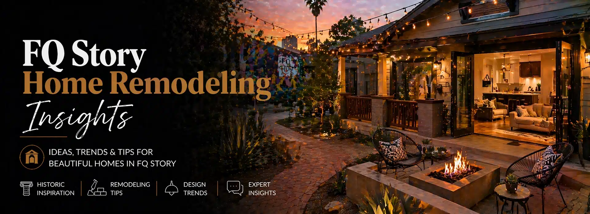 Cozy outdoor patio at sunset with a fire pit, string lights, and inviting seating, connected to a charming, open-concept remodeled home. Text overlay promotes FQ Story home remodeling insights and ideas.