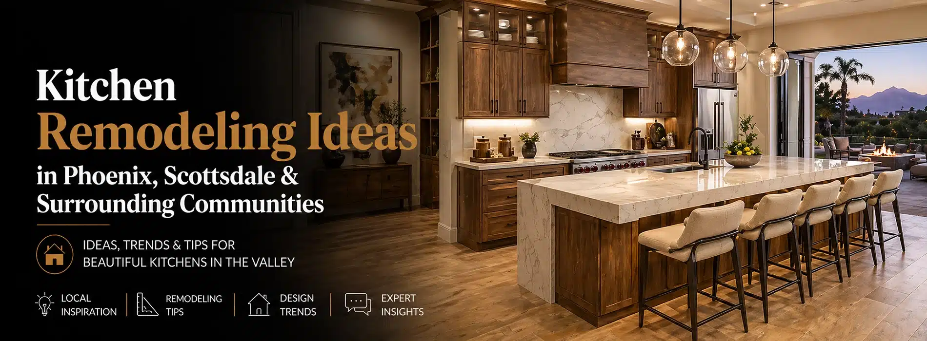 A modern open concept kitchen with wooden cabinets, a large marble island with four barstools, pendant lights, and windows showing mountains and palm trees at sunset. Text overlay promotes open concept remodeling ideas in Phoenix and Scottsdale.