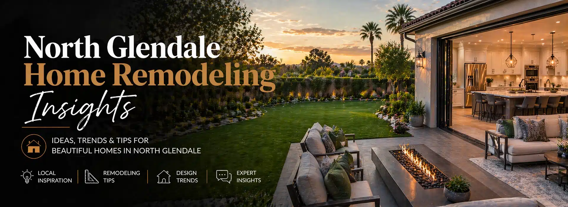 A luxurious backyard with outdoor seating, lush landscaping, and an open view into a modern kitchen. Text reads: North Glendale Home Remodeling Insights, offering ideas, trends, and tips for home improvement.