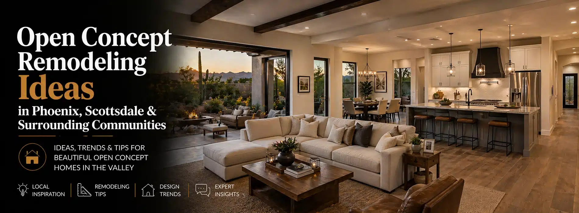 Spacious open-concept living area and kitchen with modern decor, large windows showing mountain views at sunset, comfortable furniture, and warm lighting—perfect inspiration for open concept remodeling in Phoenix and Scottsdale communities.