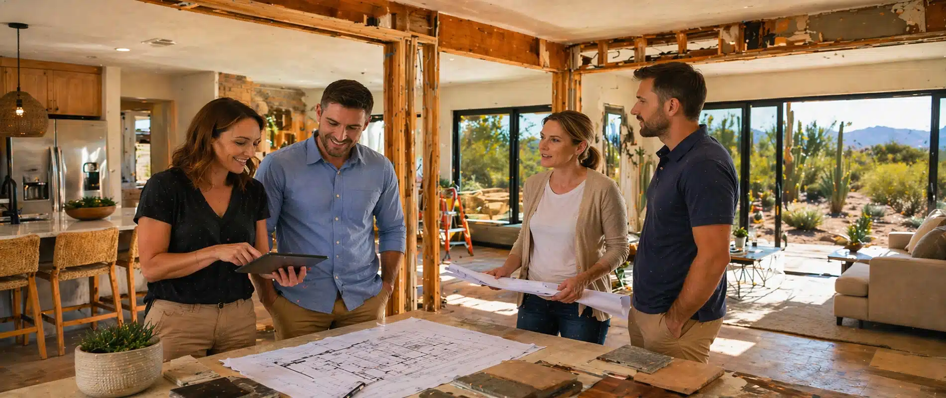 Four people stand around a table with blueprints and building samples in a house undergoing an open-concept renovation, discussing plans. The space has exposed wooden beams, and sunlight streams in from large windows.